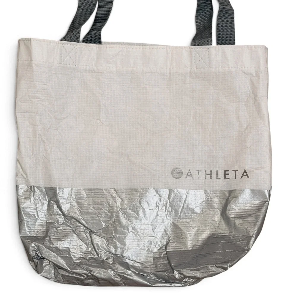Athleta Reusable Shopping Tote Bag Bundle Metallic Silver White Set of 3
